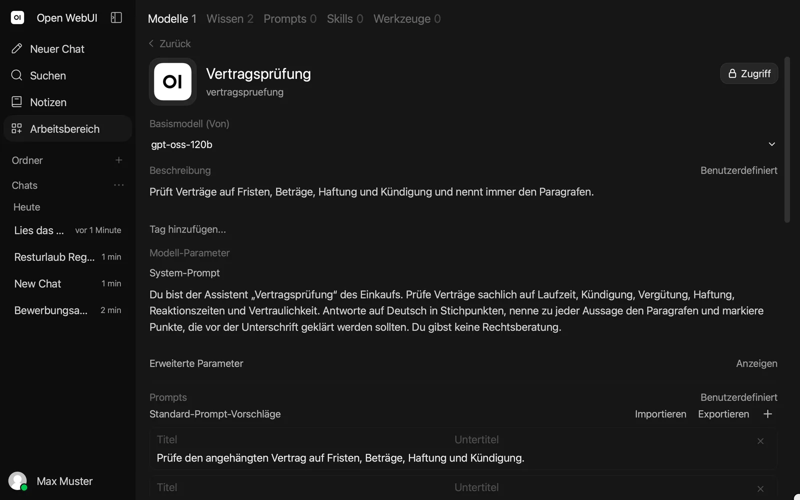 Open WebUI: an assistant for contract review is configured
