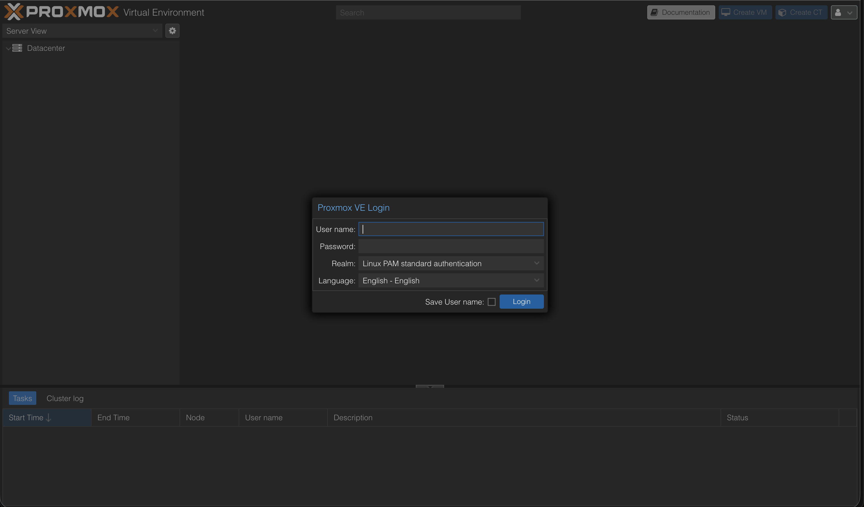 Proxmox VE Login Screen