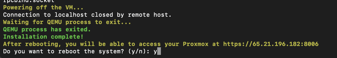 Proxmox Installation abgeschlossen - Reboot bestätigen