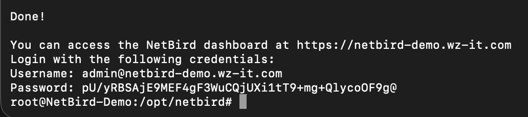 NetBird Installation erfolgreich - Kommandozeilen-Ausgabe mit Zugangsdaten