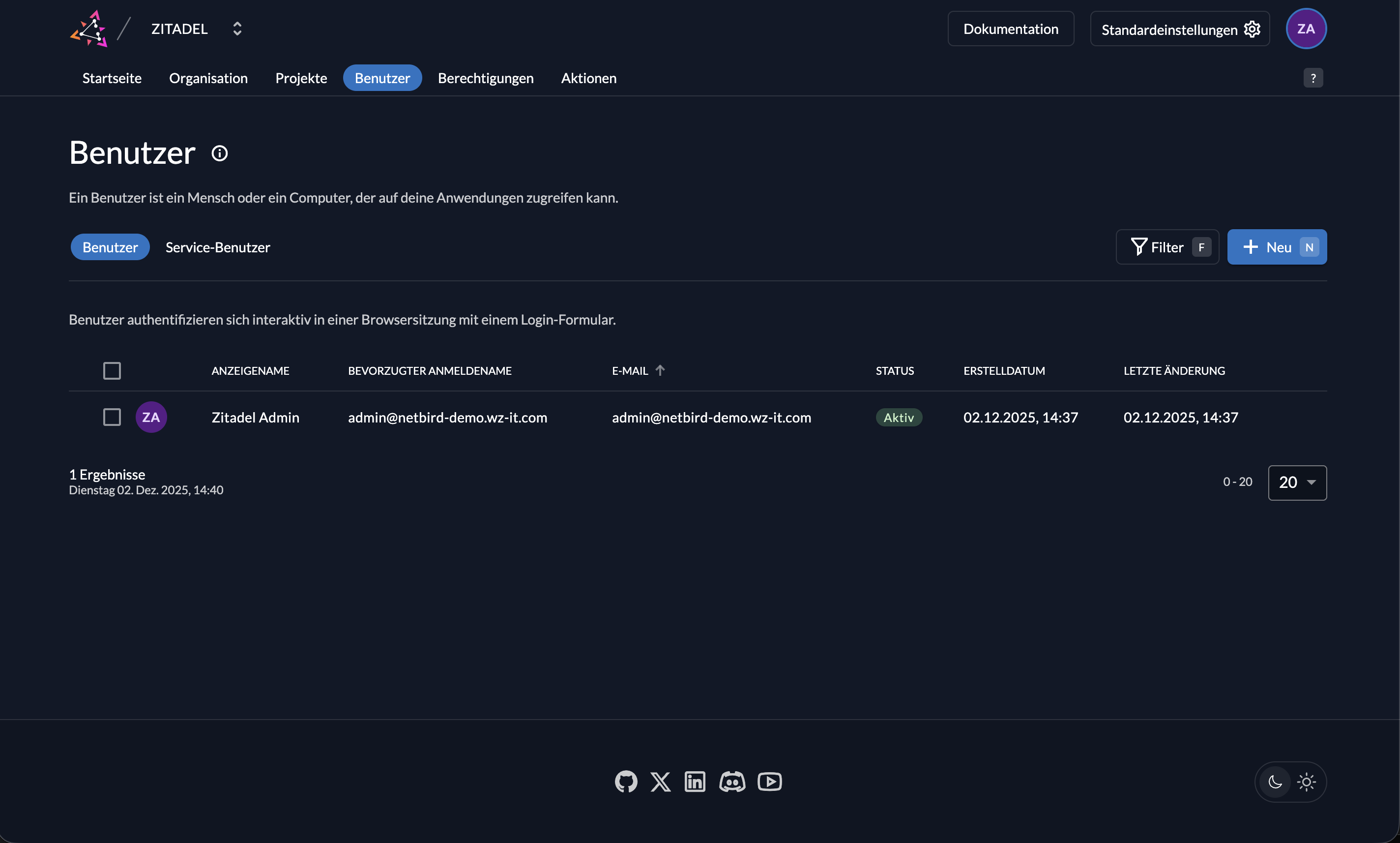Zitadel Benutzerübersicht - Verwaltung der NetBird-Benutzer