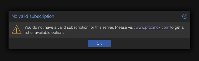 Proxmox Subscription Notice Screenshot