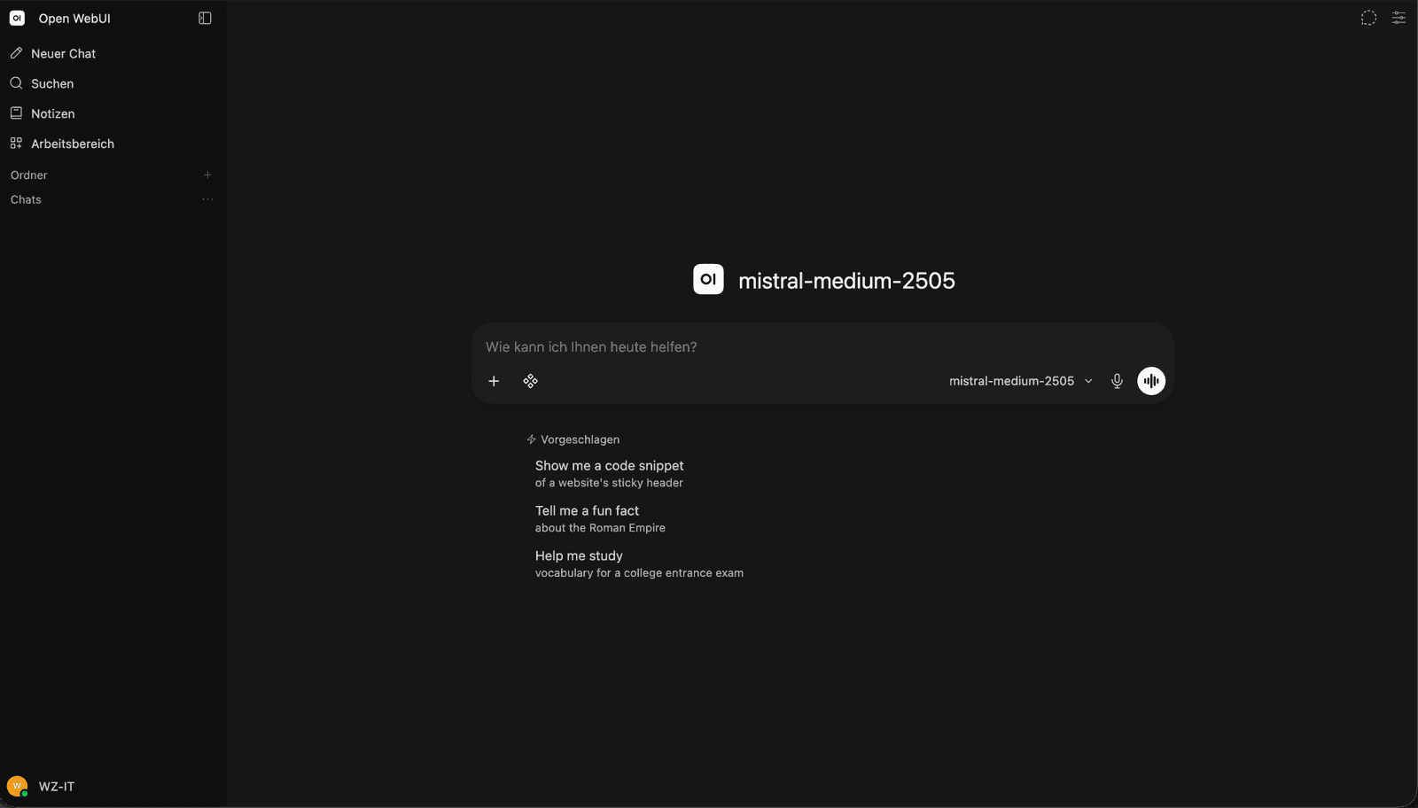 Open WebUI auf dem AI Cube mit Modellauswahl, Arbeitsbereichen und Chat