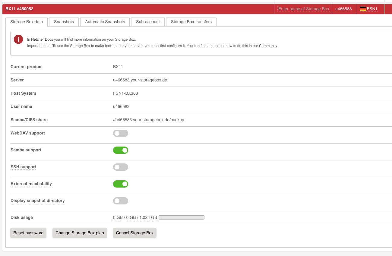 Hetzner Storage Box Settings